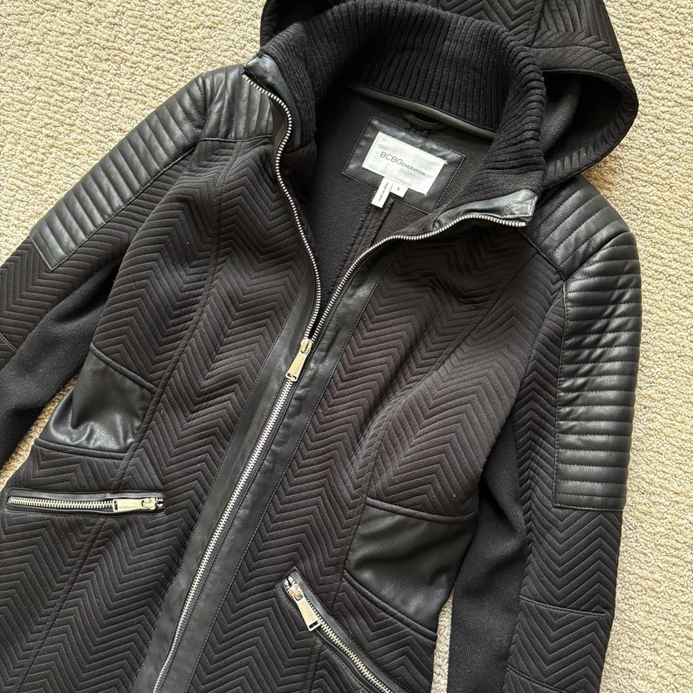 Bcbgeneration Black Dress Coat With Hood And Leat… - image 1